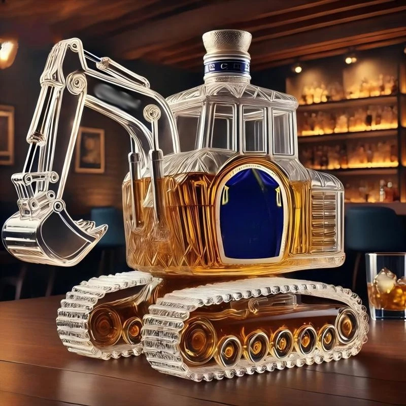 Glass whiskey bottle, creative bottle, vodka, high borosilicate, handcrafted excavator creative bottle