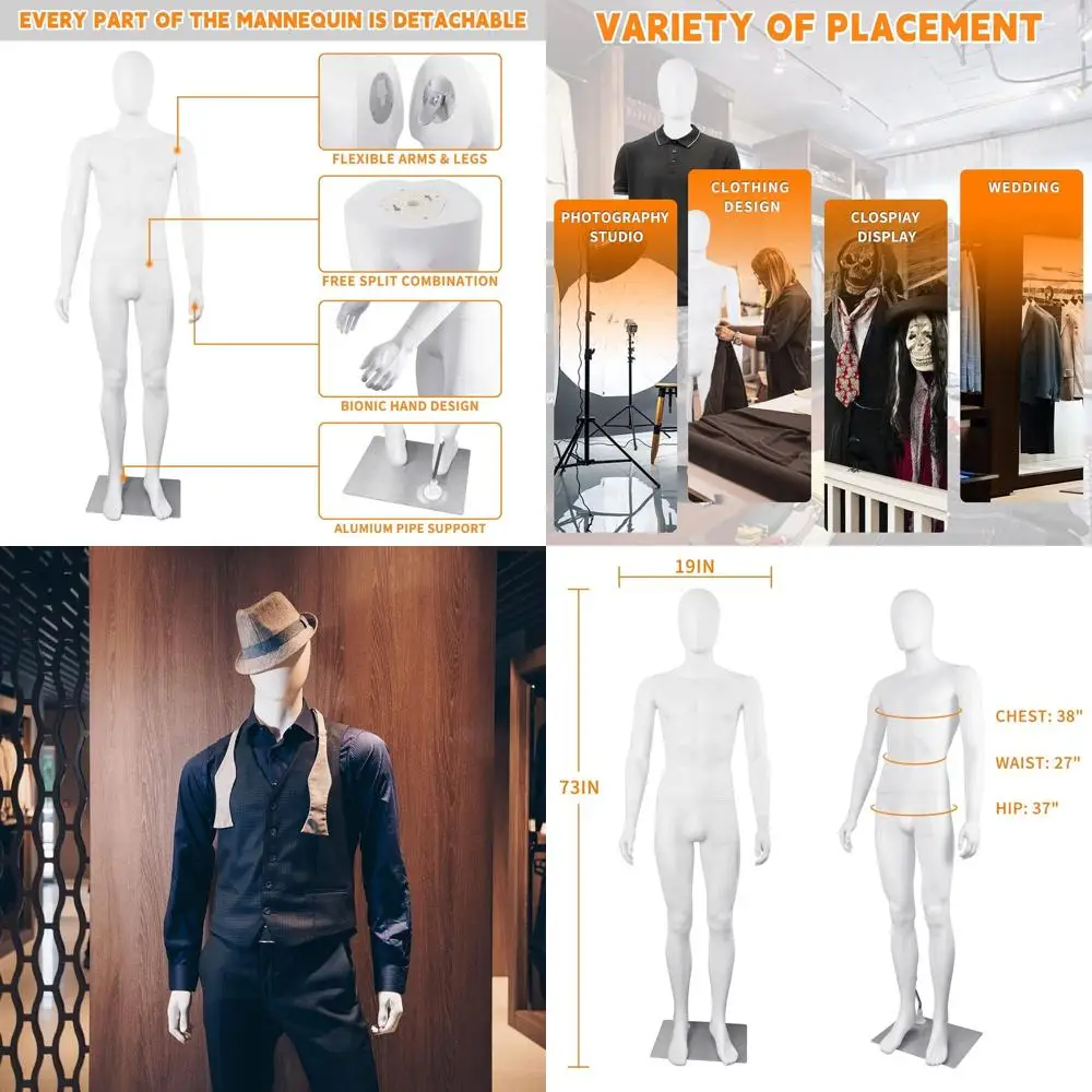 

Манекен мужской для демонстрации одежды, регулируемый, 73 см, пластиковый, съемный, с металлическим основанием, белый
