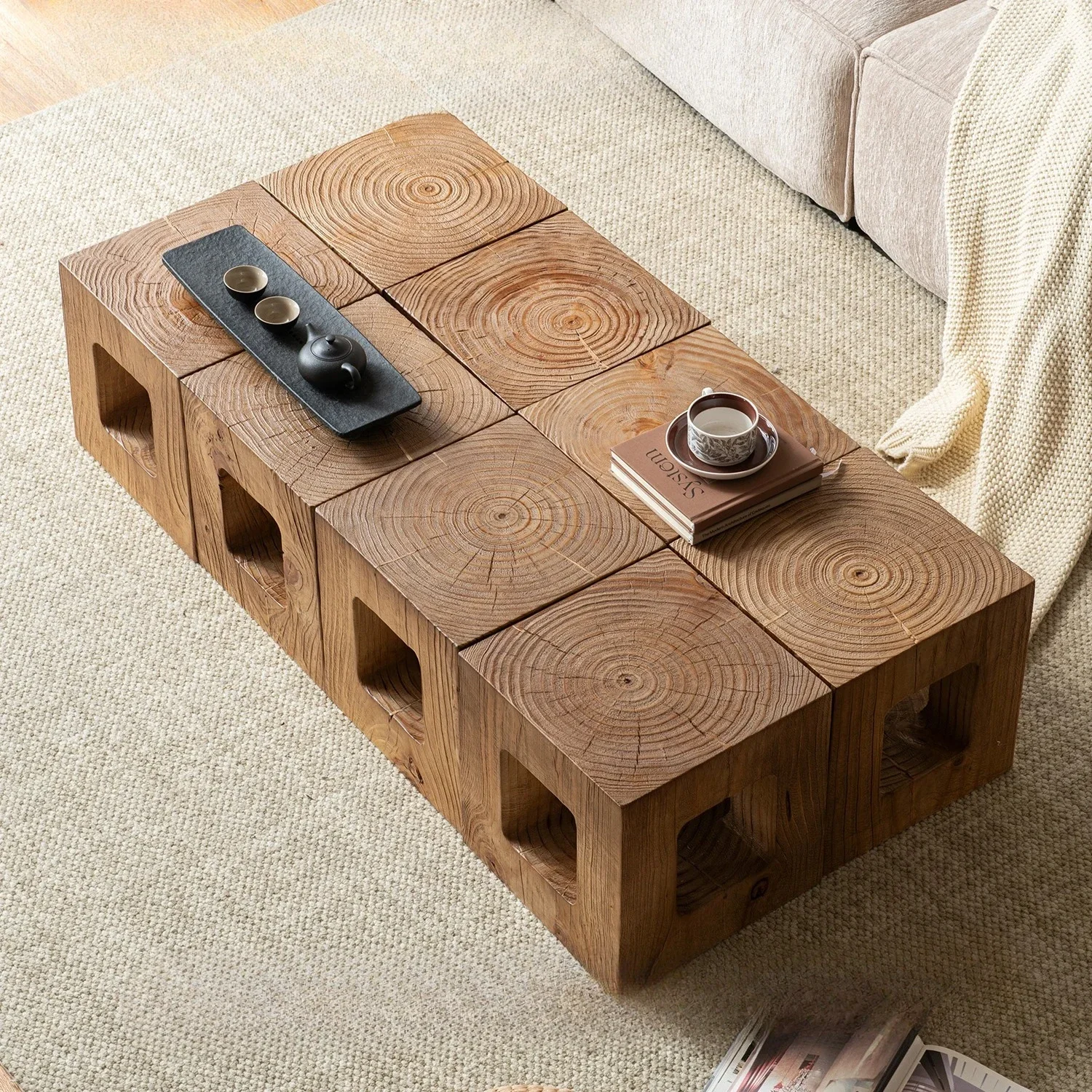 A  Square wooden pier low stool log hotel ornament combination coffee table, personalized edge few solid wood pier stump stump