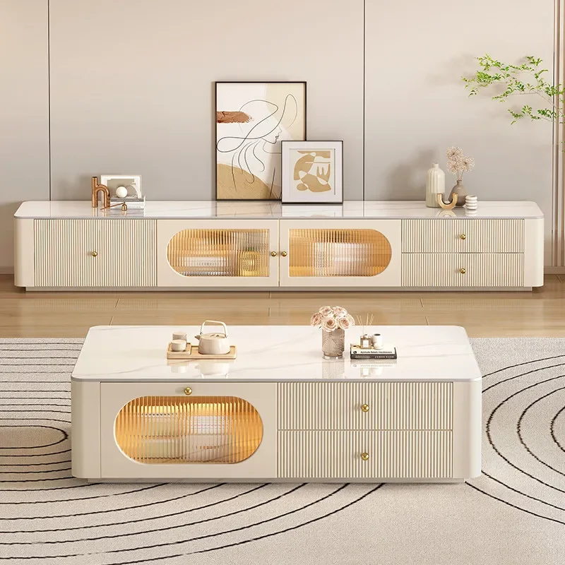 Living room new light luxury high-end small apartment solid wood household cream wind rock board coffee table