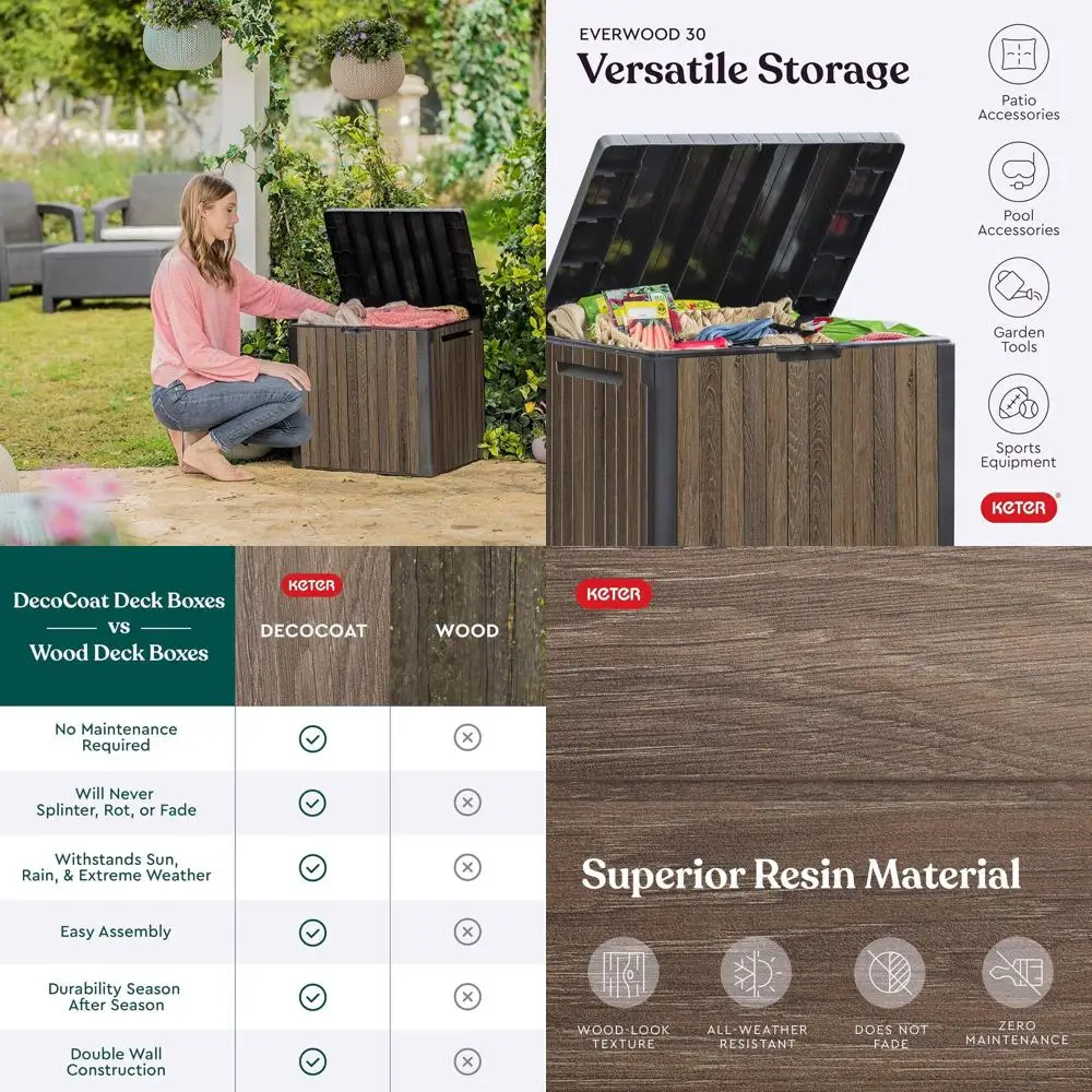 

Walnut 30-Gallon Everwood Resin Outdoor Storage Box, Patio Table, and Garden Accessory