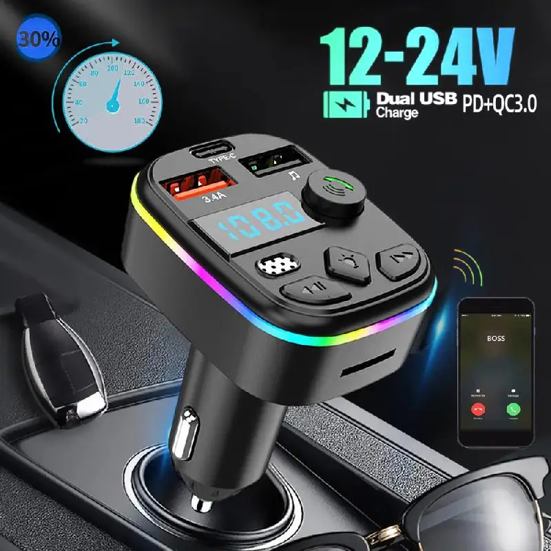 Car Bluetooth 5.0 FM Transmitter Handsfree Call Cigarette Lighter Adapter PD 20W Type-C Dual USB 3.4A Fast Charger Ambient Light