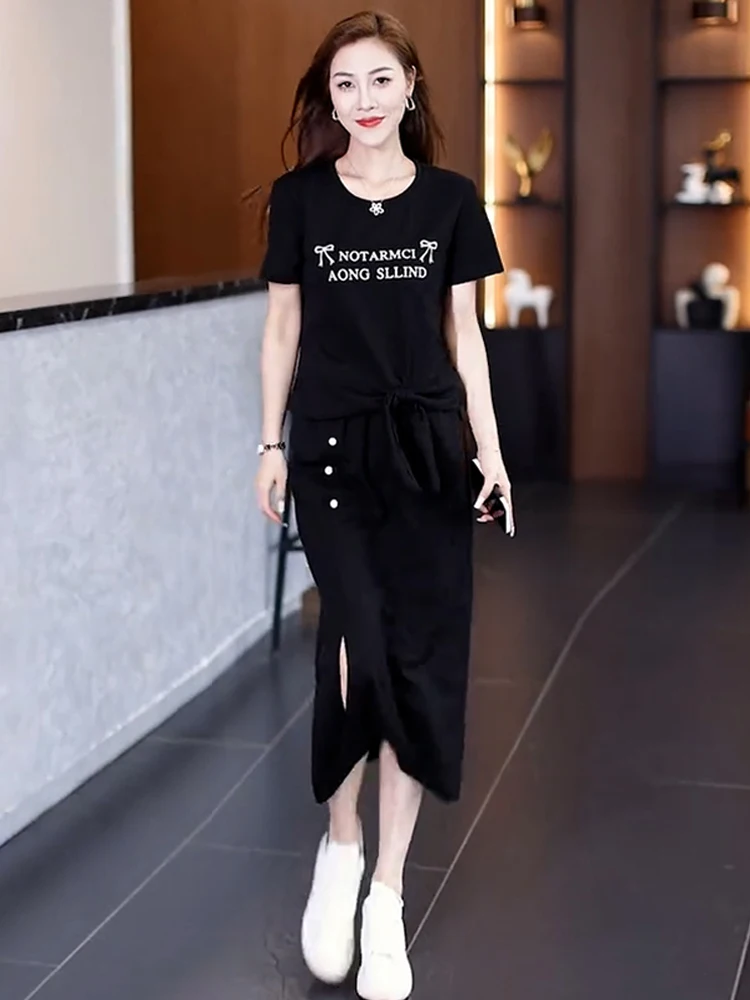 Faionable Sportswear Set Women's ort Sve Split  Skirt Two Piece Suite Casual Comfortable Breathable Cotton round Ne