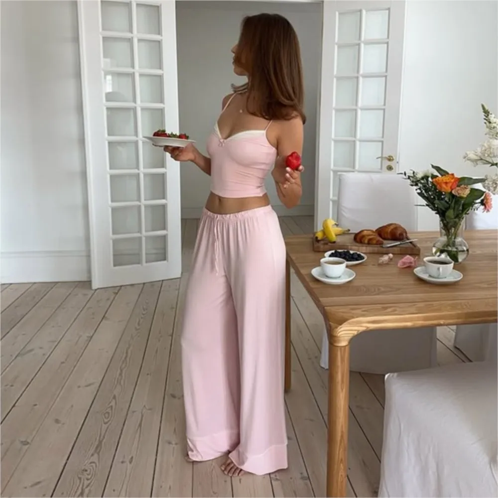 Casual 2 Pieces Set For Woman Two Piece Outfit New In Matching Sets Temperament Homewear Comfortable Slim Lace Sling Solid Color