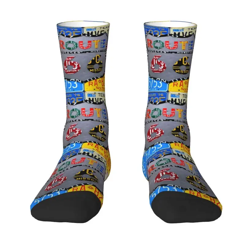 

Cute Printed Route 66 License Plate Art Socks for Women Men Stretchy Summer Autumn Winter American Road Crew Socks