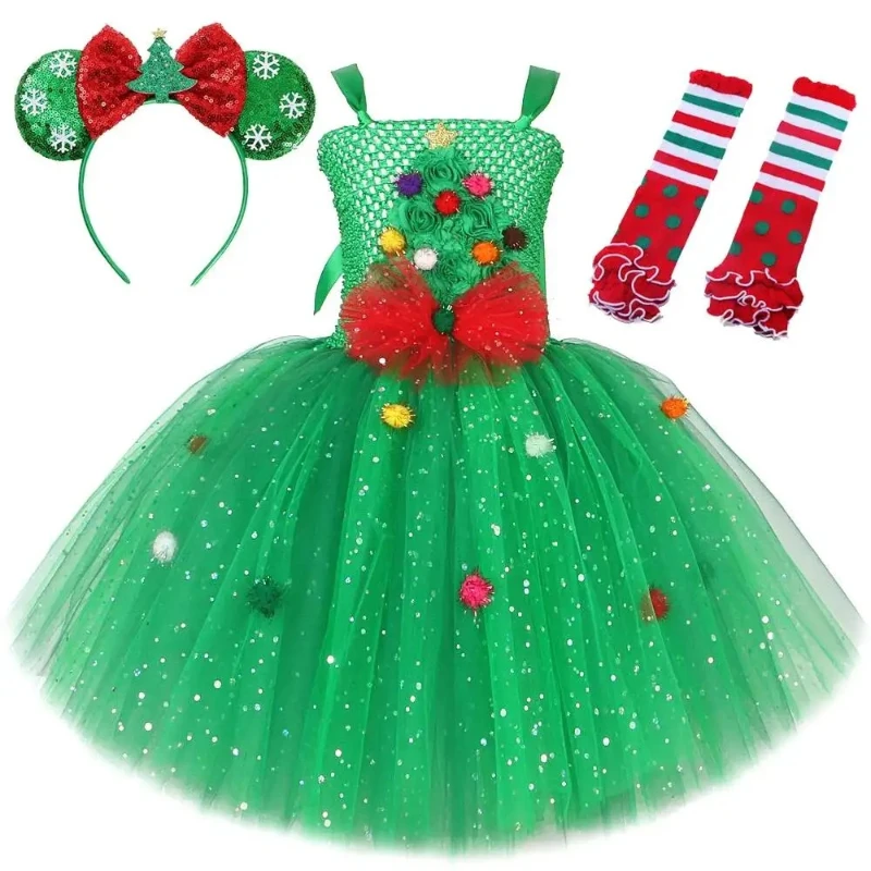 

New Children's Gorgeous Priness Dress Sequins Green Christmas Tree New Year Carnival Festive Attire Gir With headband Socks Sets