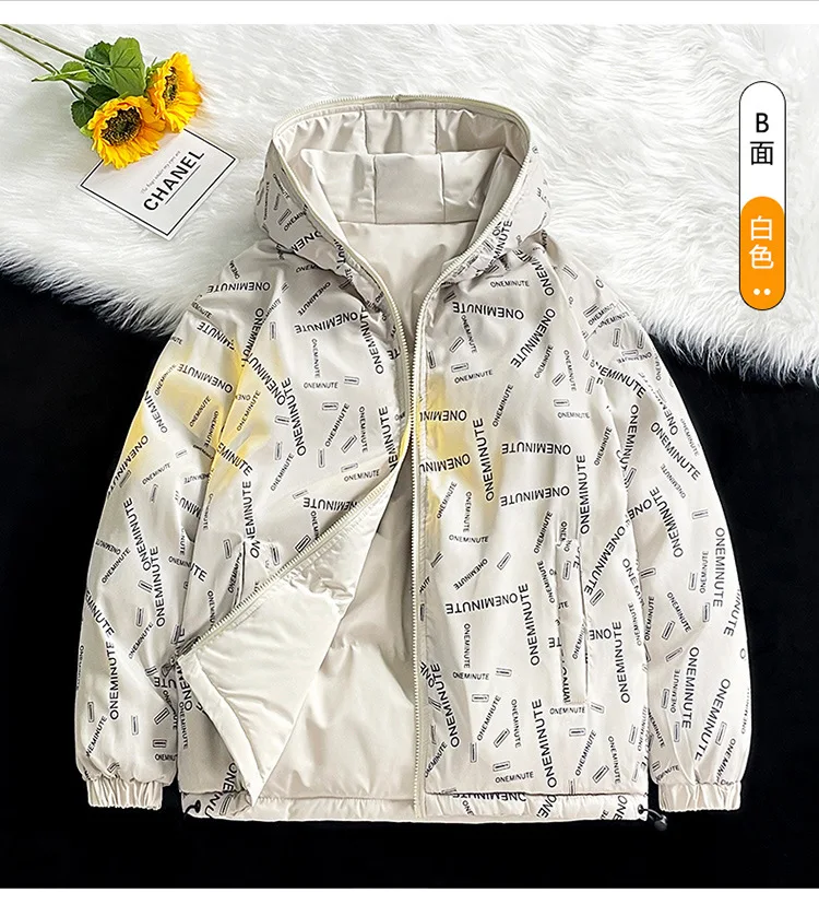 Winter Reversible Hooded Padded Jacket Men Women Thick Casual Streetwear