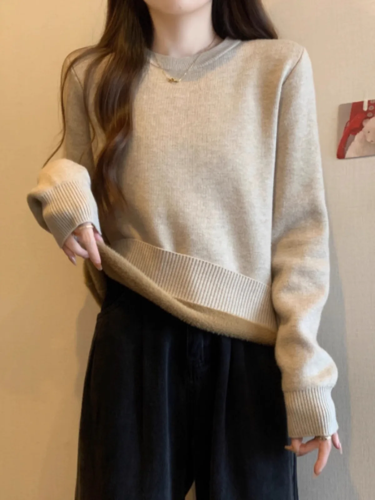 

Thiened Fce Вязаная основа irt Женский осенне-зимний интегрированный свитер Fce большого размера круглый универсальный топ для похудения