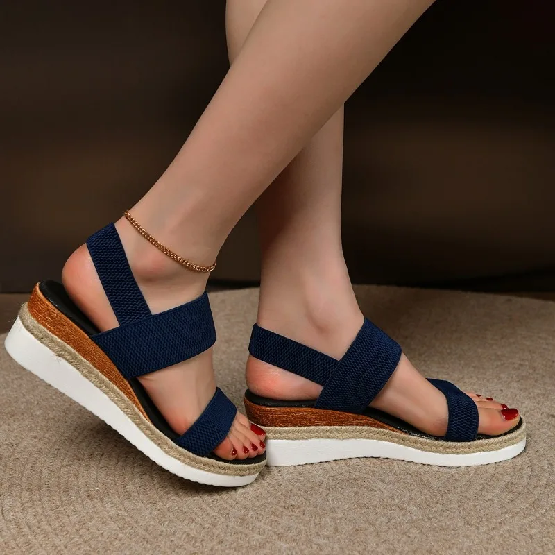 New Women's Shoes Elastic Band Women's Sandals Summer Open Toe Solid Color Wedge Beach Shoes Ladies Platform Sandals