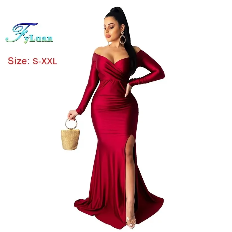 แฟชั่นผู้หญิงสไตล์ใหม่ชุดสีทึบปิดไหล่ลึก V คอหญิงความยาวชุดเซ็กซี่ด้านข้างแยกชุดราตรี