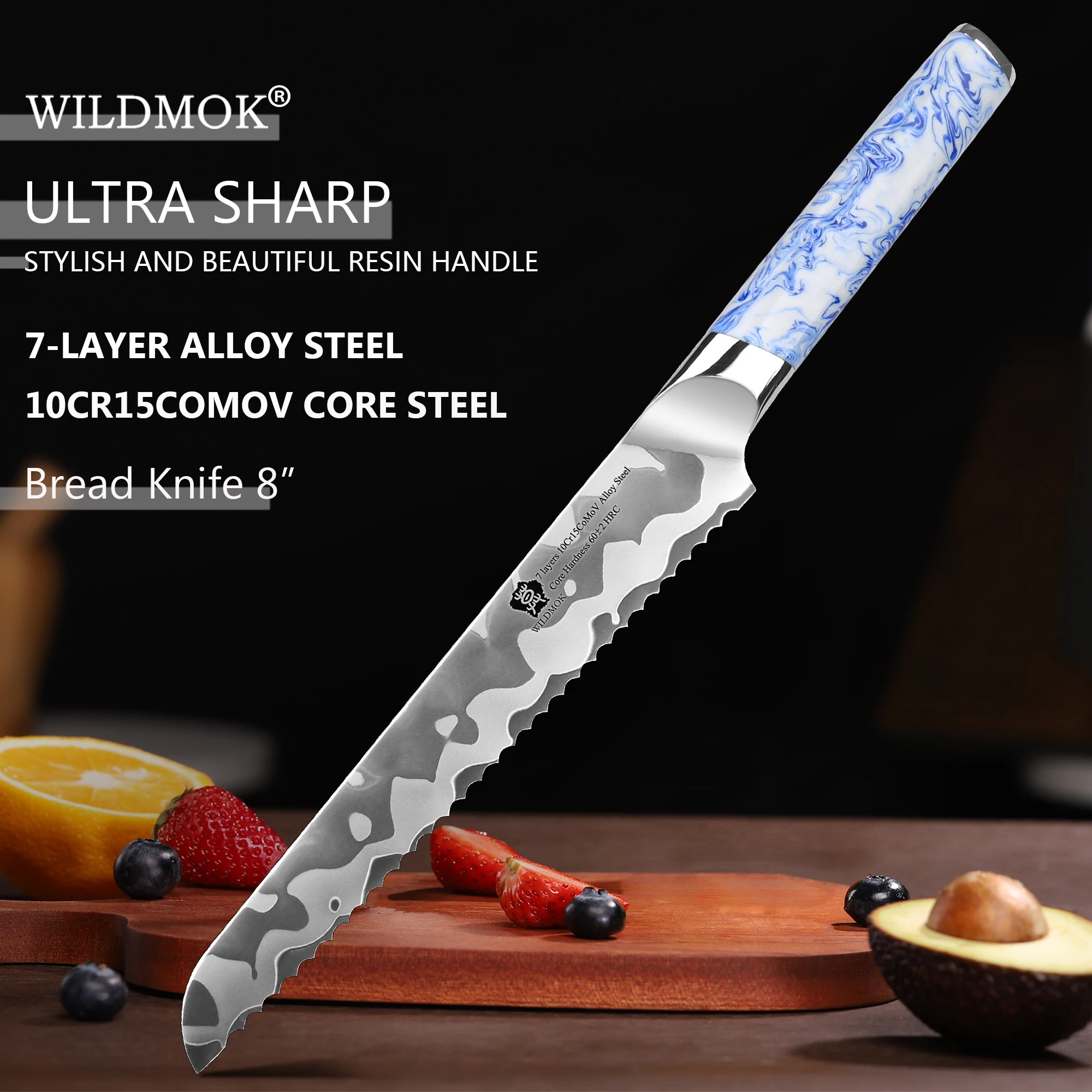 

WILDMOK 8" Serrated Bread Knife, 7 Layers Clad Steel 10Cr15CoMoV Core Steel, Kitchen Knife Bread Cutting Knife- Resin Handle