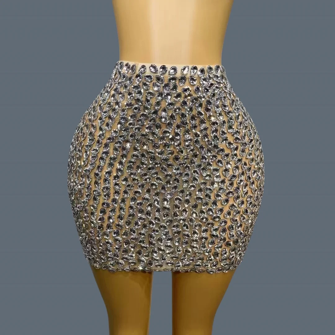 Full Sparkly Rhinestone Mesh Tight Fitting Skirt Sexy Women Mini Skirt Nightclub Party Outfit High-end Crystals Skirt shuidiqun