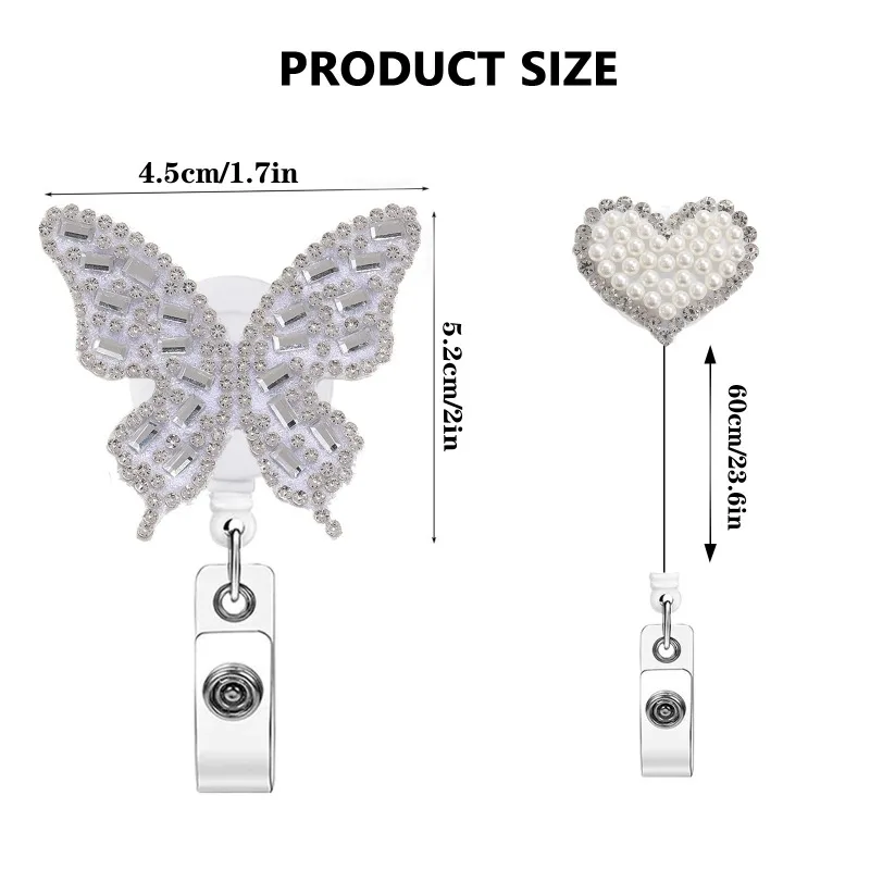 Rabty Pearl Rhinestone Badge Reel with Butterfly Heart Glittering Retractable ID Holder Medical Staff Elegant Office Pull Buckle