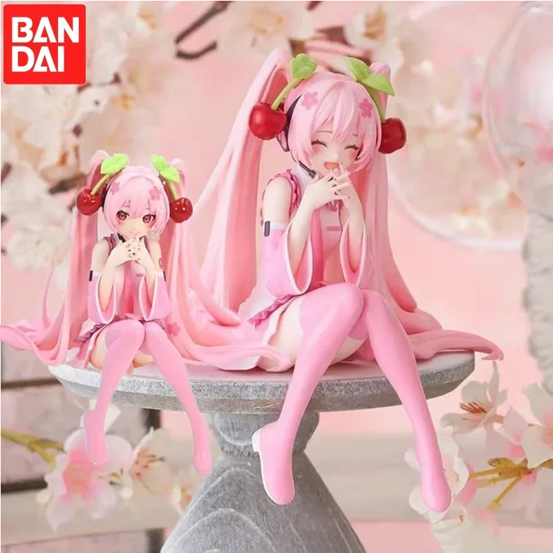 

Bandai 12CM Hatsune Miku anime finure pink dress PVC model action toys cherry pink sitting posture Model figures collect gifts