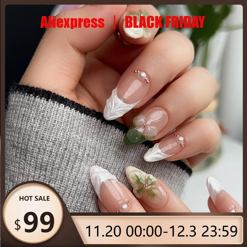 

24 шт., белый, зеленый, французский пресс на ногтях, трехмерная рябь, камелия, маленькие золотые бусины, миндалевидные накладные ногти для женщин и девочек