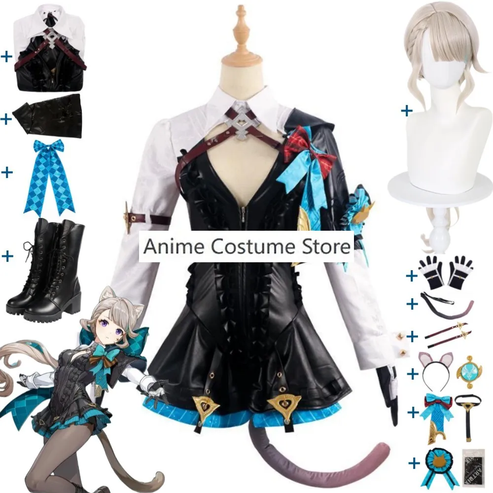 Game Genshin Impact Lynette Cosplay Costume Wig Shoes Tail Anime Fontaine Hotel Bouffes D'Ete Uniform Halloween Role Play Suit