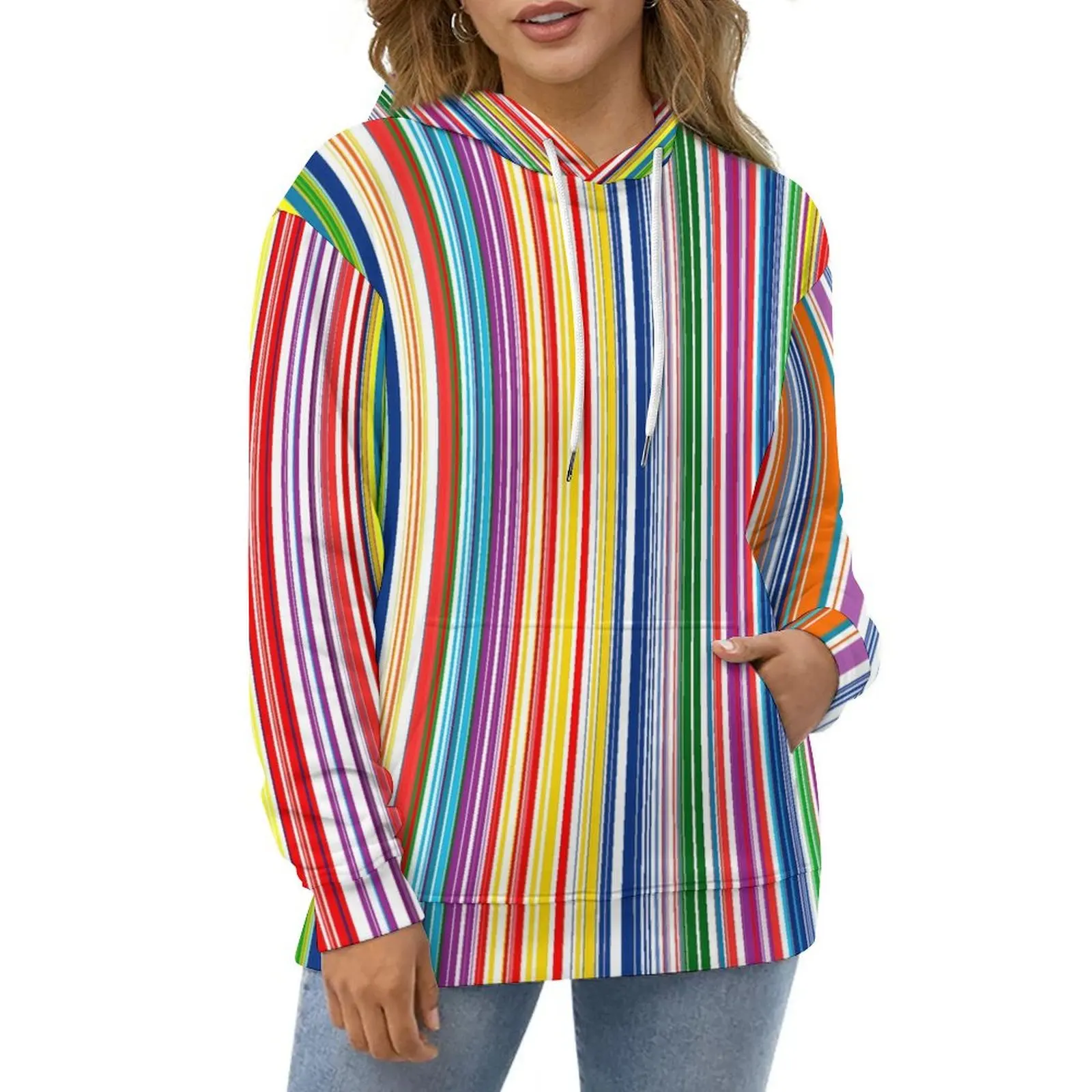 

Rainbow Stripes Casual Hoodies Colorful Lines Print Cute Custom Loose Hoodie Winter Long Sleeve Hip Hop Oversize Top