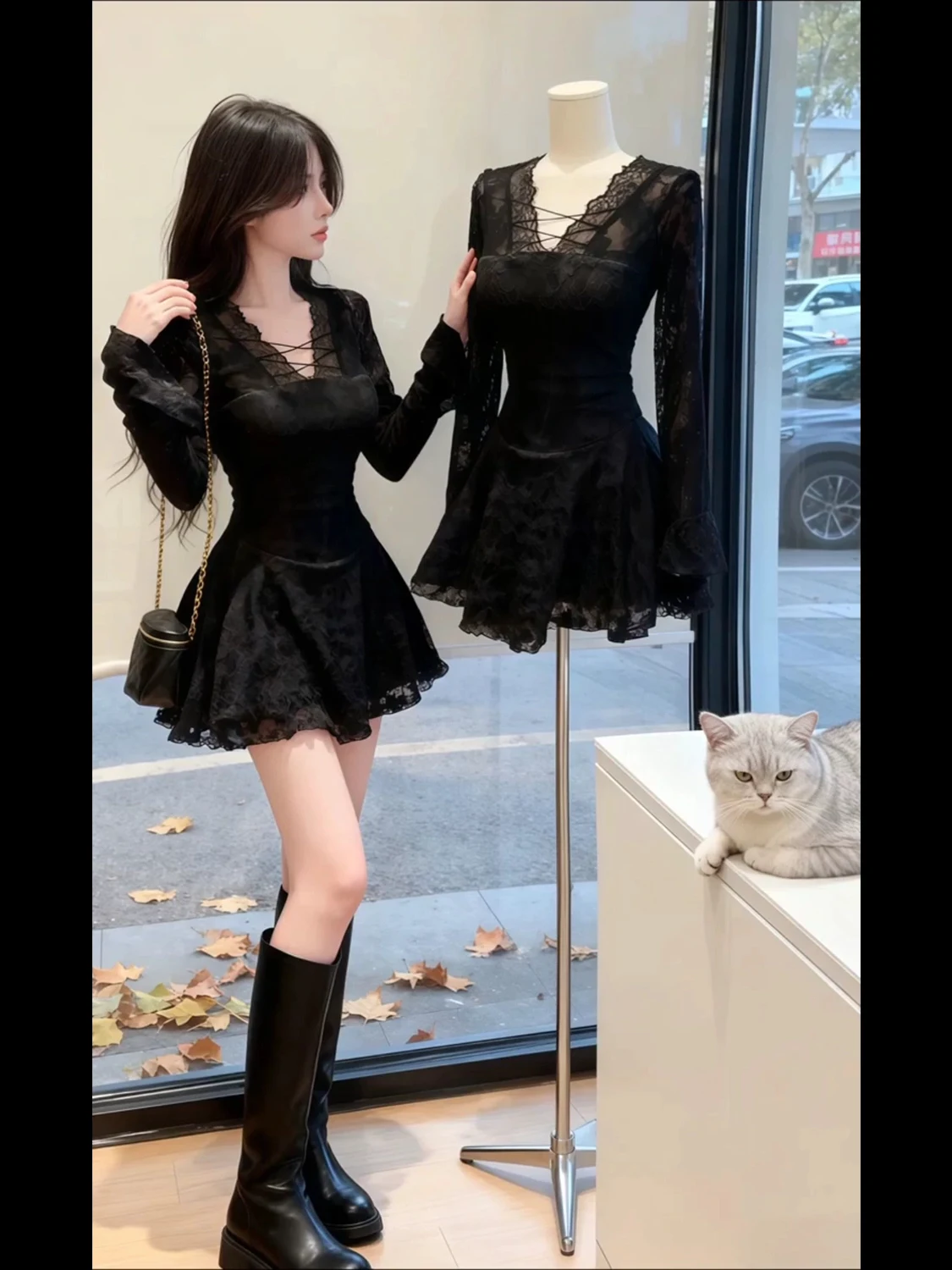 Elegant Lace V-neck Dress Women's Slim Fit Black  Dress Sexy Short Skirt Korean Style Commute High Waist Long Sleeve Dress