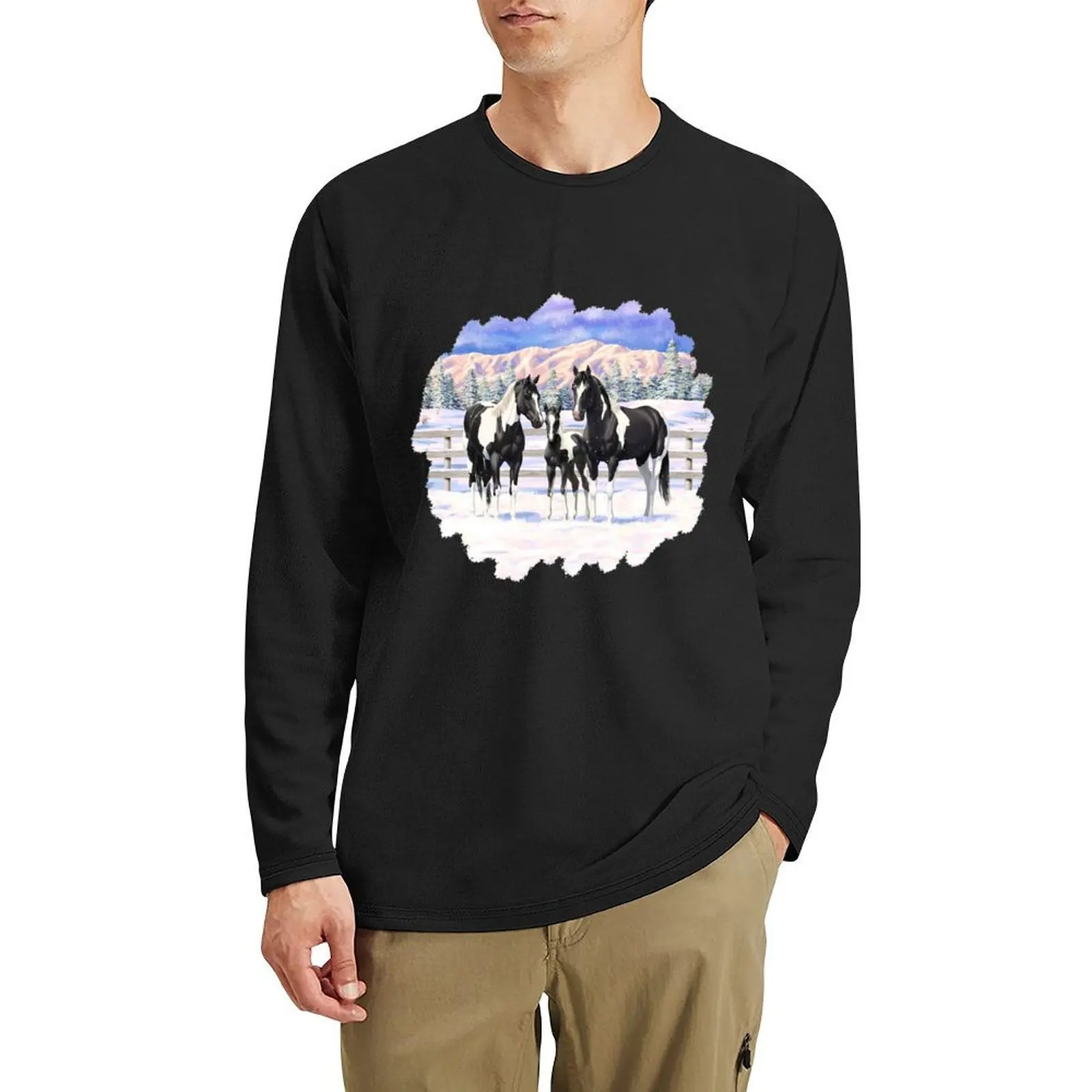 Camiseta larga con pintura negra de caballo Pinto Quarter Horses in Snow, blusa, camiseta vintage, nueva edición, camisetas negras para hombres