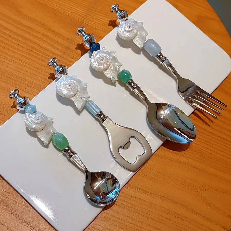 Flowing Aurora Steel Ball Moonlight Pearl White Rotating Conch Stainless Steel Fork Spoon Tableware