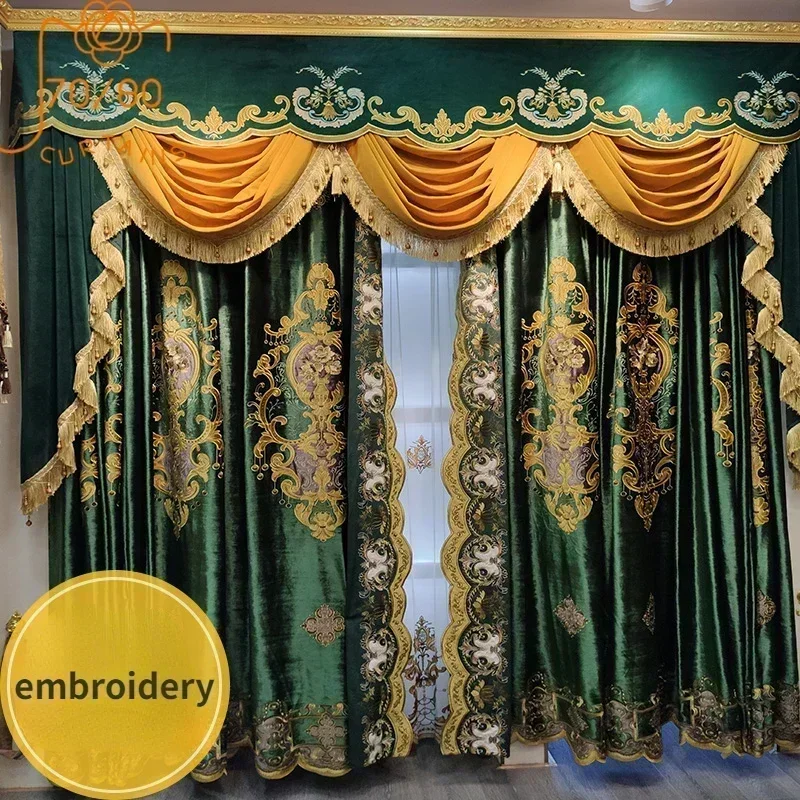 

Retro Palace Style Dark Green Velvet Embroidered Curtains for Living Room Bedroom French Window High Window Villa Customization