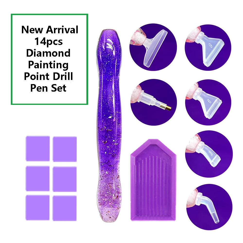 14pcs Diamond Painting Pen Set Feather Flower Point Drill Pen With 45° Ergonomic Plastic Replacement Pen Tips Tray Glue Clay Kit