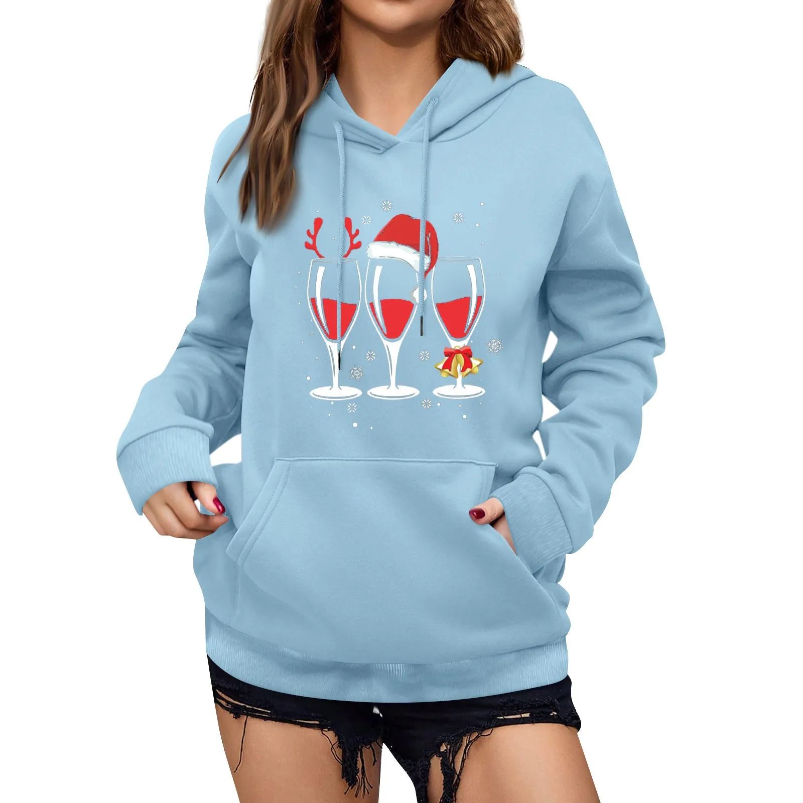 

Red Christmas Wine Sweatshirt For Women 2024 Winter Long Sleeve Cute Fashion Hoodie Casual Loose Pullovers Santa Claus Hoodie