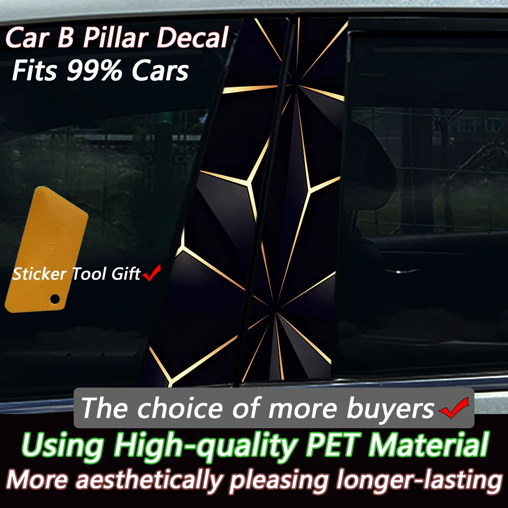 2PCS Luxury Gold Line Abstract Geometry Car B Pillar Sticker Waterproof Auto Window Middle Column Vinyl Accessories