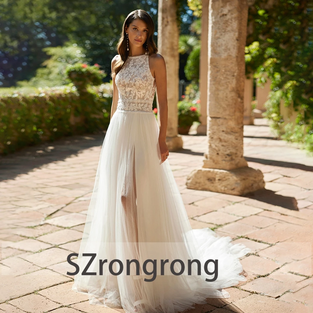 

Scoop Neck Lace Bohemaid Wedding Dress Tulle Open Back Floor Length Beach Side Slit Long Bridal Gown with Sweep Train