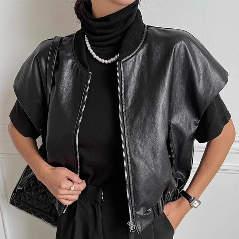 Retro High-End Leather Vest Women'S Autumn And Winter Round Neck Zipper Style Loose And Versatile Short Sleeved Jacket