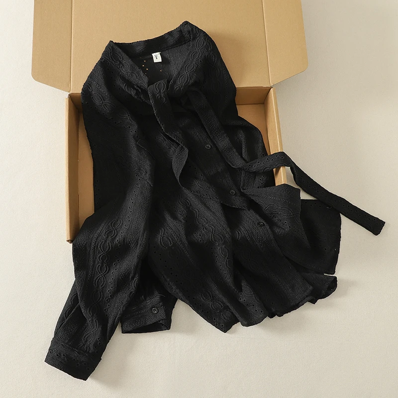 Elegant Vintage Loose Long Sleeve Shirt Outerwear with Sash Hollow out Texture Daily Wear Cotton Autumn Collection for Women