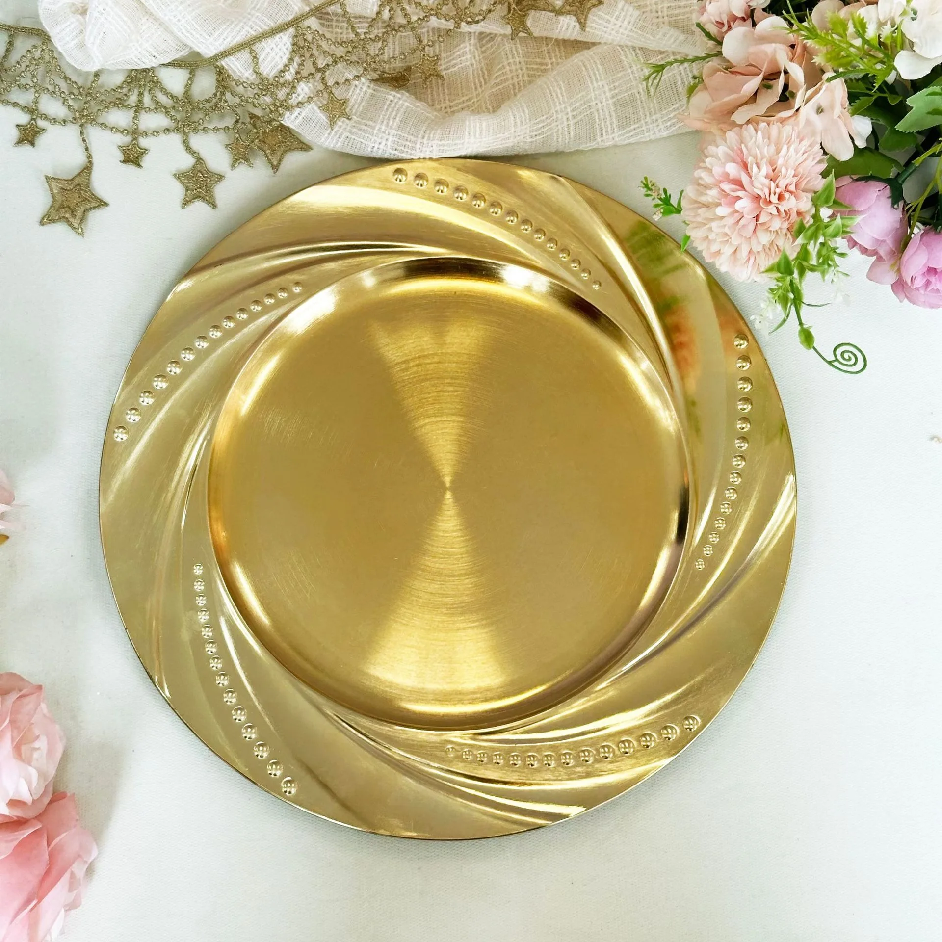 100 PCS Round Charger Plate 13 Inches Tray With Beads Wedding Centerpieces Event Party Decoration Dinner Tableware Decor