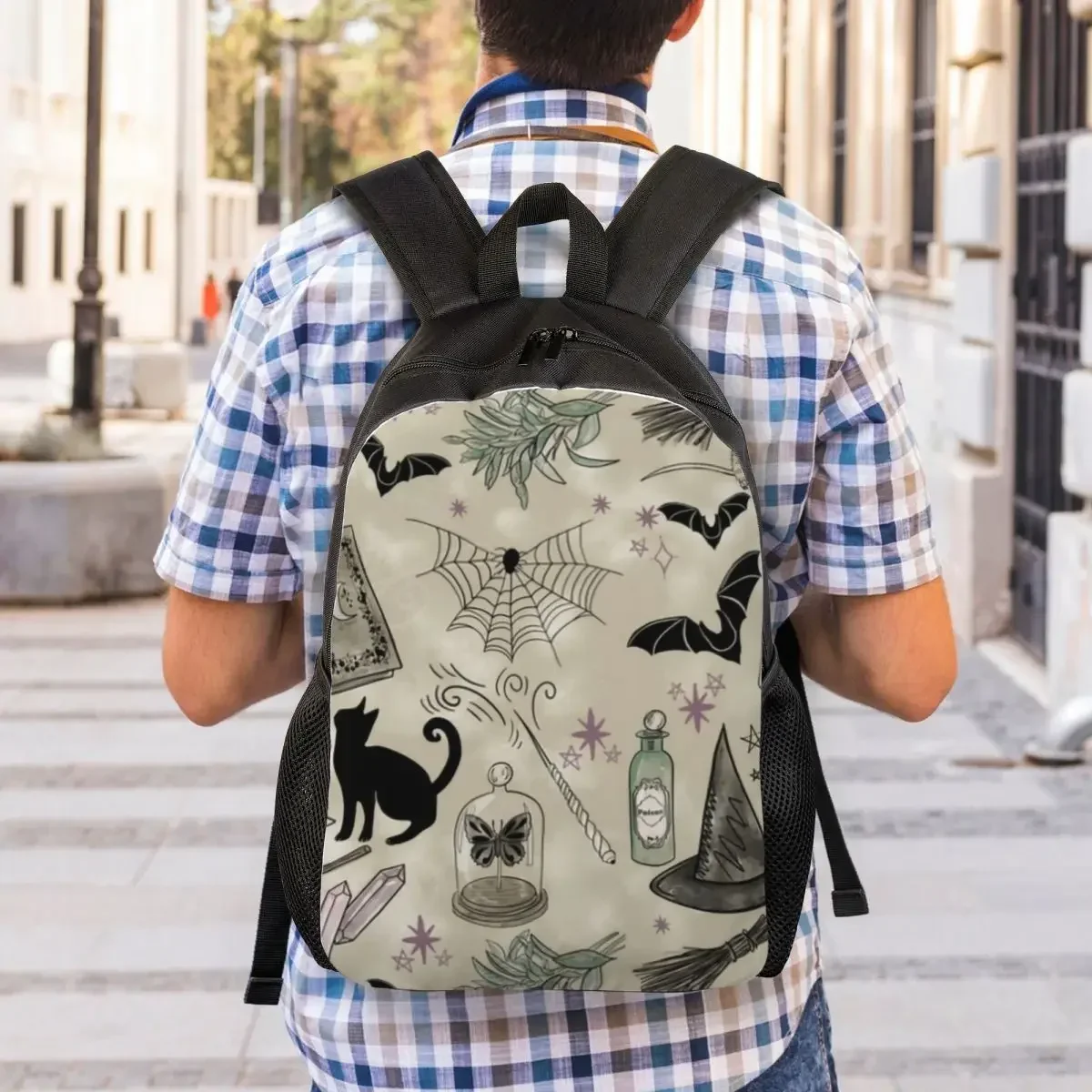 Witch Cat Pattern Travel Backpack Men Women School Laptop Bookbag Halloween Witchy College Student Daypack Bags