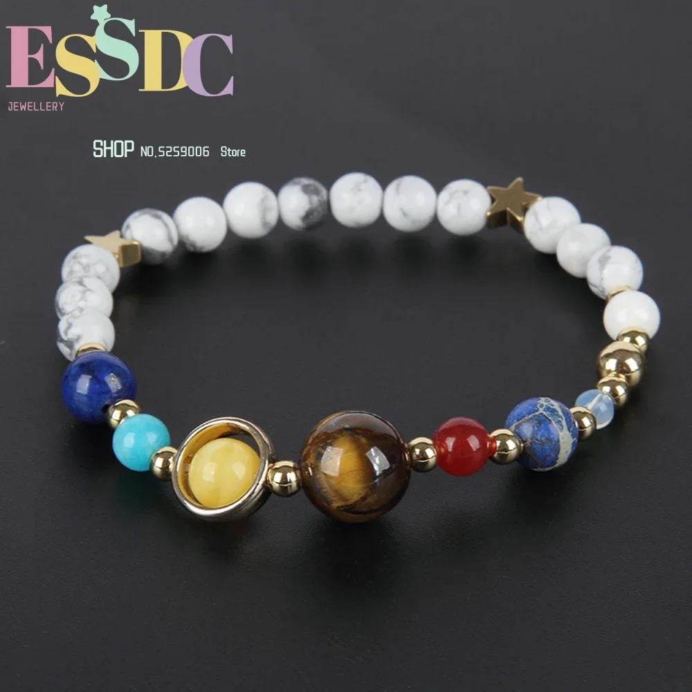 Cosmic Milky Way Eight Planets White Grain Stone Beads Elastic Bracelet Personality Star Fashion Jewelry Gift for Women
