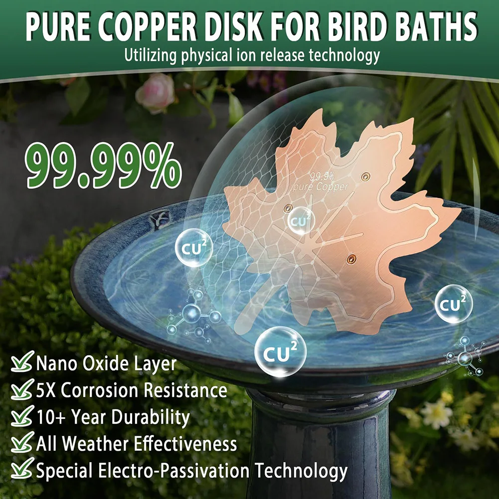 Low Maintenance Bird Bath Solution with Copper Purifier Disk Reduces Scrubbing Needs from Every 3 Days to Every 20 Days