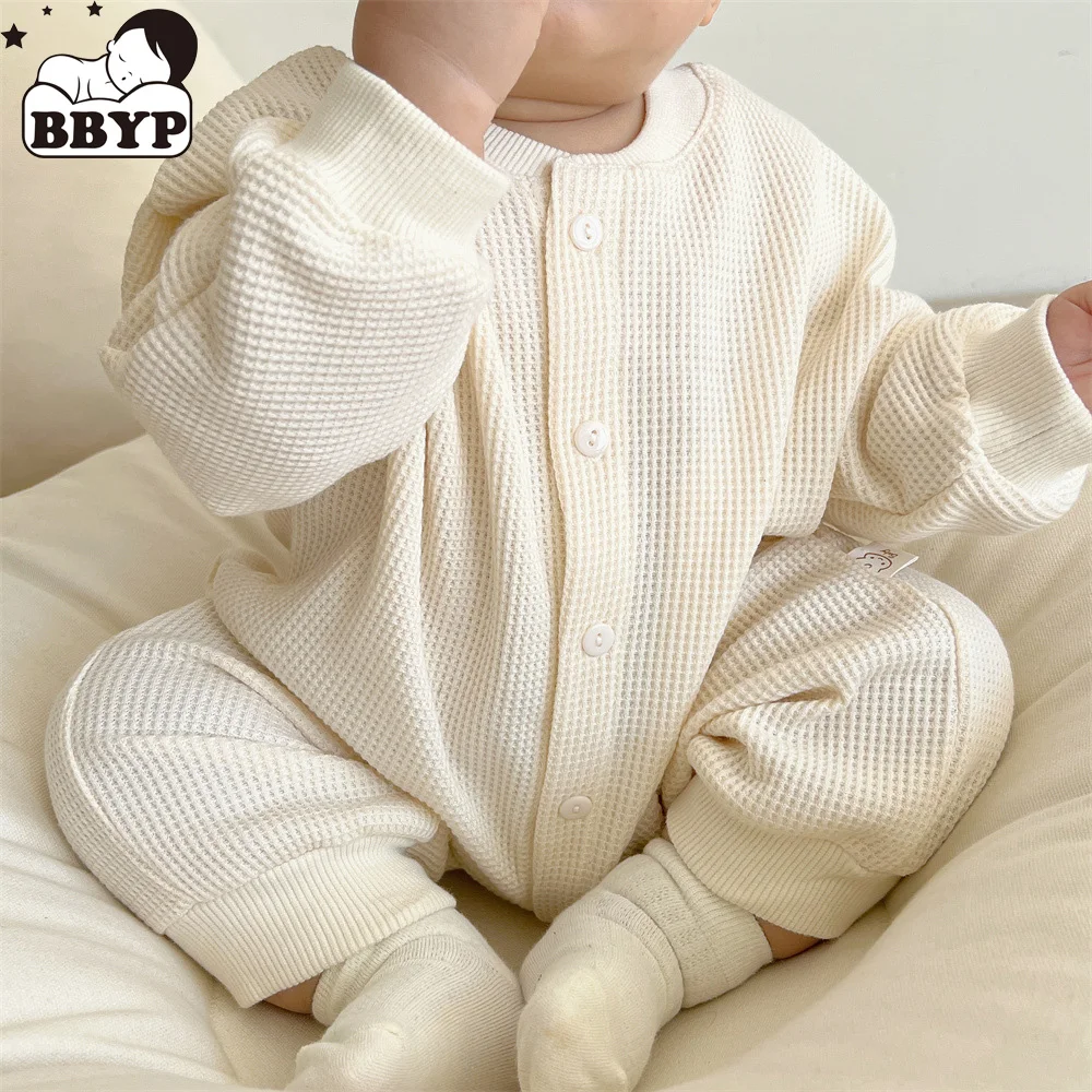 Newborn Baby Boy Waffle Jumpsuit Spring Autumn Girl Solid Bodysuits for Infants Cotton Casual Kids Clothes Boys Costumes