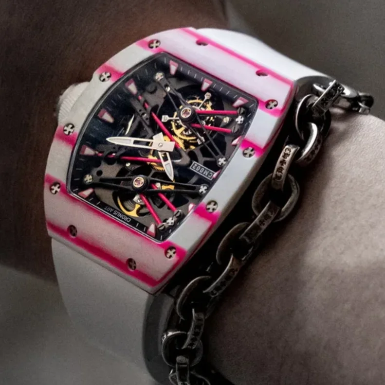 

CRONUSART Men Tourbillon Watch 50mm Tonneau Mechanical Wristwatch Carbon Fiber Case Luminous Fluororubber Strap Skeleton Dial