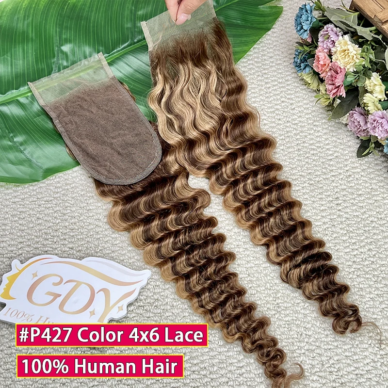 #P427 Highlight Color Deep Wave 4x6 Lace Closure Transparent Lace Invisible Melt Skins PrePlucked 100% Raw Virgin Human Hair