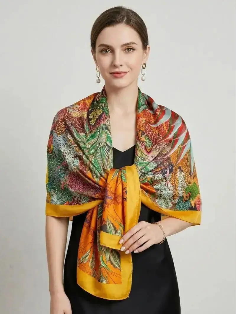 Lightweight Large 100% Mulberry Silk Scarf for Women Oblong Shawl Neck Scarf Beach Wrap Headscarf Gift Pack Orange Rainforest