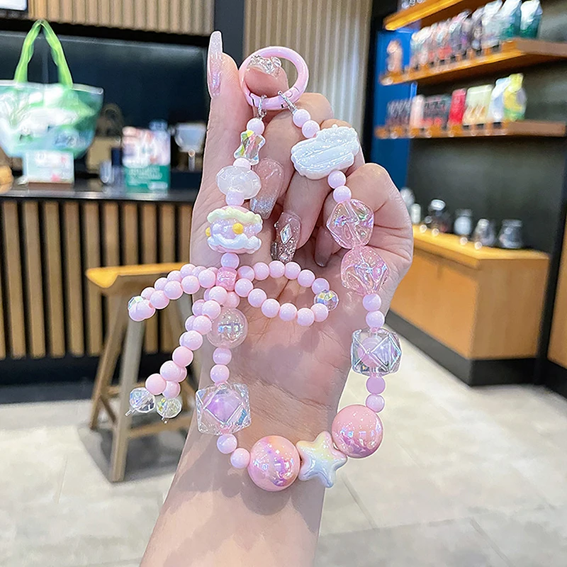 Painted Beads Phone Chain W/Card Sweet Girl BowKnot Keychain Anti-Lost Wrist Strap Earphone Case Pendant Bag Decor