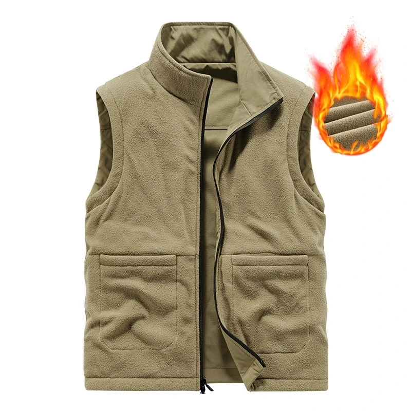 Men's Autumn Winter Leisure Vest Solid Color Stand-Up Collar Tooling Style Waistcoat Multi-Pocket Hiking Sleeveless Outdoor Vest