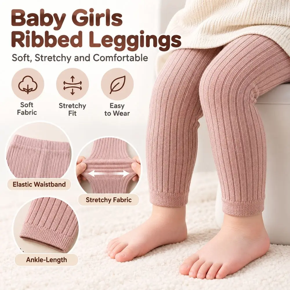 New Stripes Girls Leggings Ribbed Knit Elastic Waistband Toddler Leggings Solid Stretch Pants Girls Daily Wear