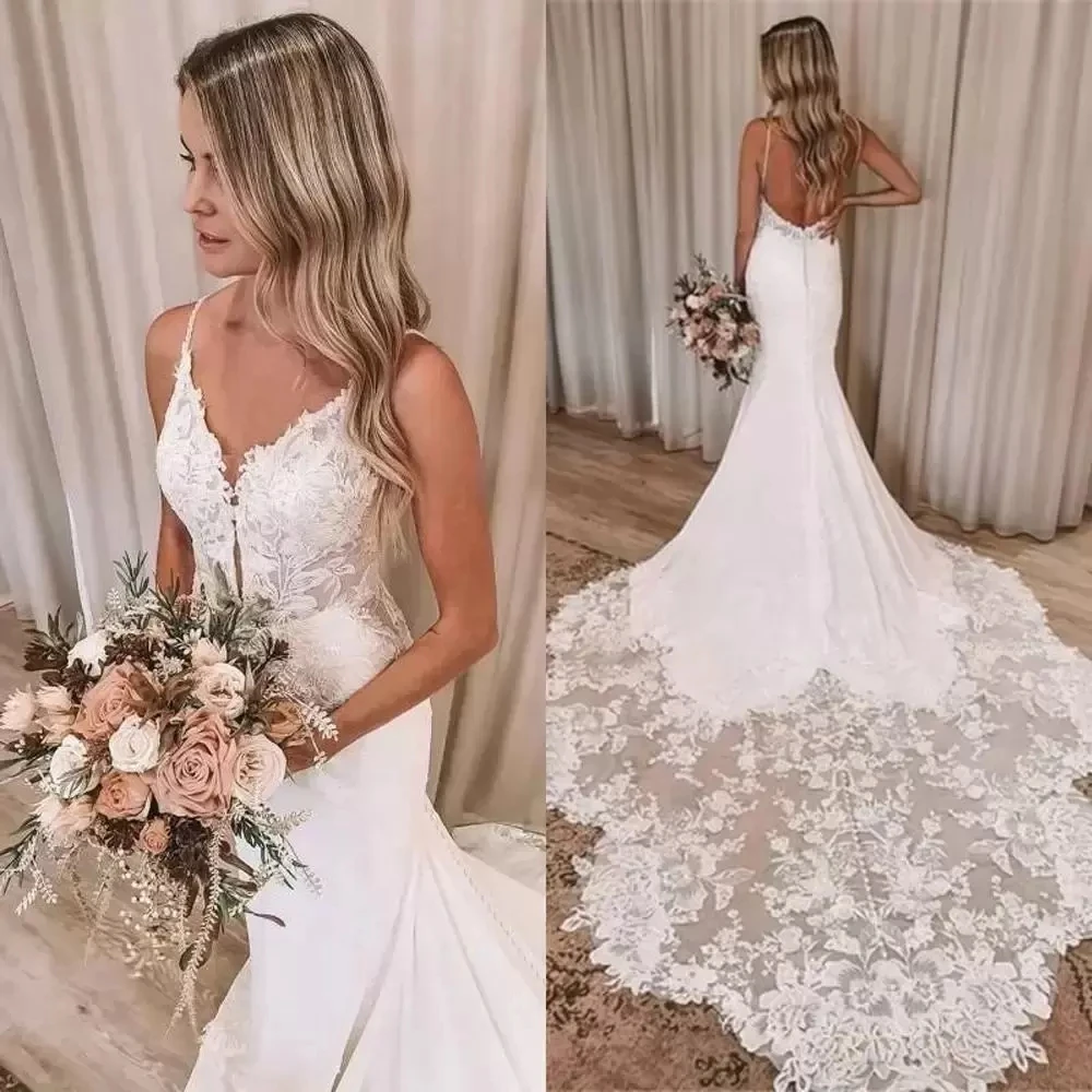 Vestido De novia bohemio De sirena con apliques De encaje, traje De novia Sexy con espalda descubierta y tirantes finos, ropa De playa para verano, 2024