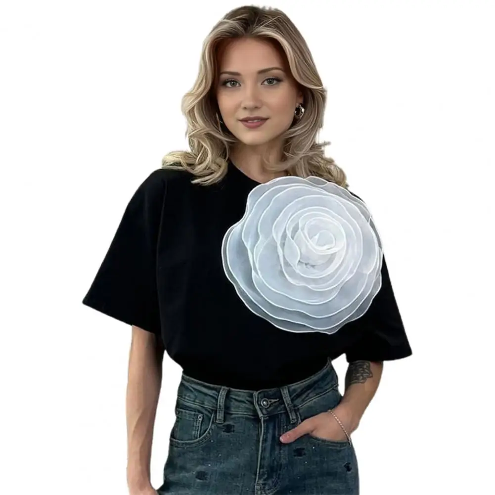 

Women Casual T-shirt Stylish Women's 3d Mesh Yarn Camellia Tee Loose Fit Stretchy Pullover Tops for Daily Wear Casual Round Neck