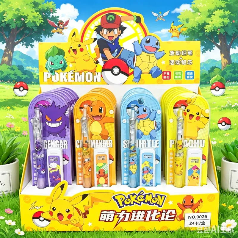 baby-three-4-24pcs-pokemon-pencil-cartoon-set-without-cutting-core-05mm-press-mechanical-pencil-students-learning-stationery