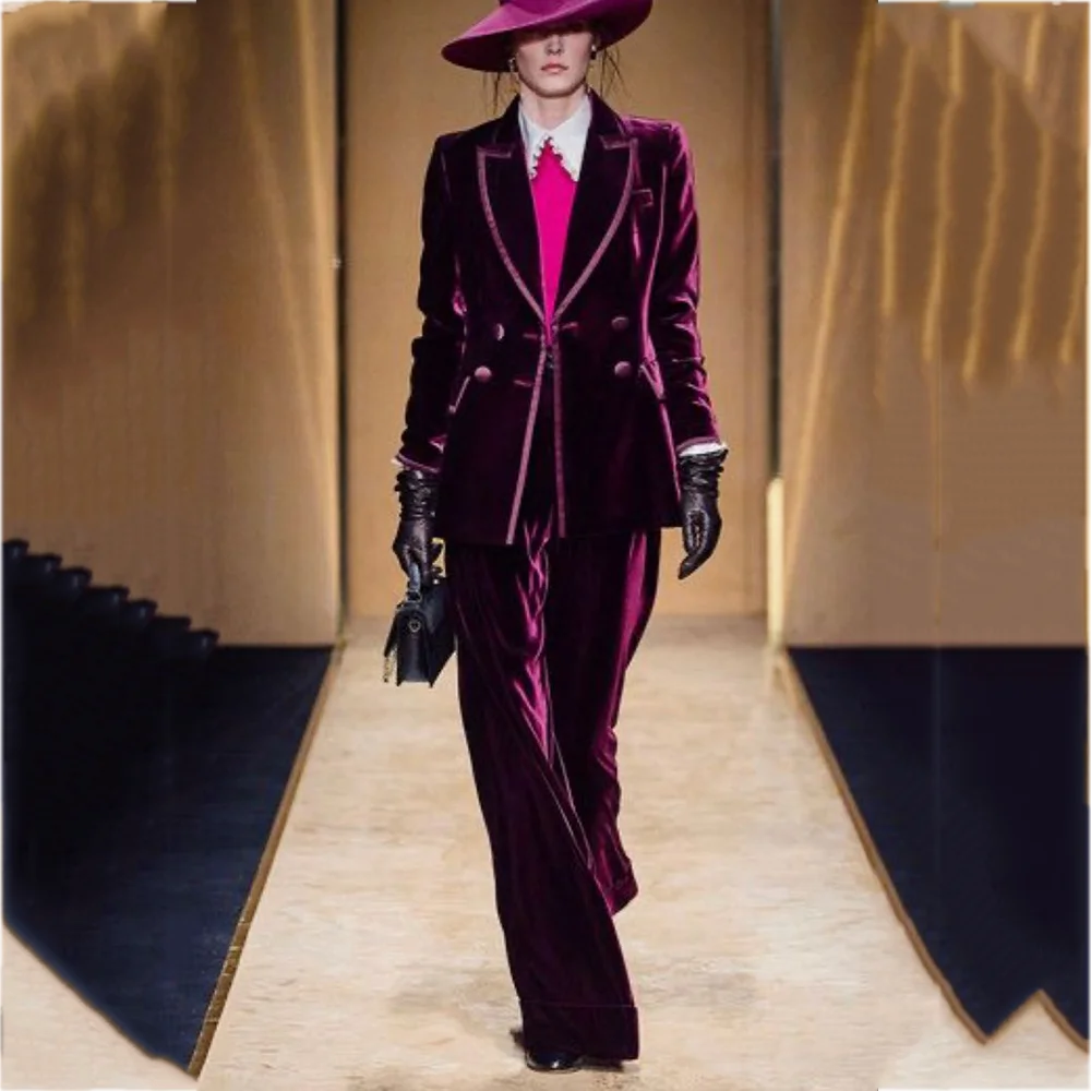 

Velvet Suit For Women Lady Set Two Piece Modern Peaked Lapel Regular Fitted Outfit Clothes Model Show Casual Party Female Suit
