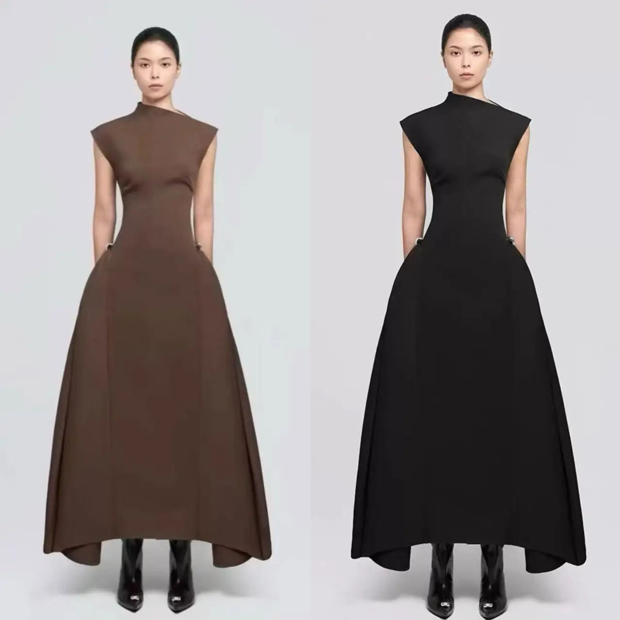 Robe longue de soirée de bal pour femmes, col diagonal, couleur unie, sans manches, taille fine, nouvelle collection été 2025