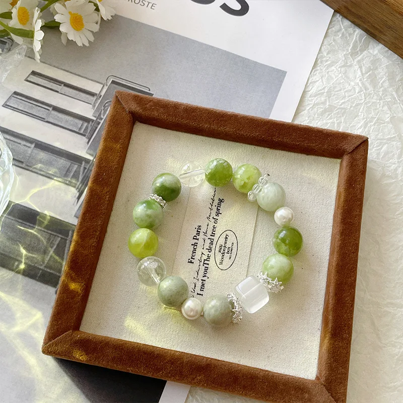 Chinese Style Lucky Fortune Blessing Healing Green Grape Milk Cover Natural Stone Beaded Bracelet White Square Crystal Pearl Swe