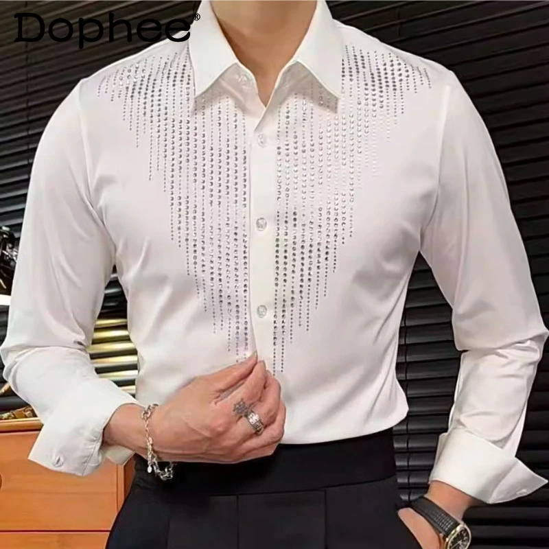 

Шикарные мужские рубашки с длинным рукавом и стразами, весна-осень 2026, новые, однотонные, эластичные, для создания стильного образа