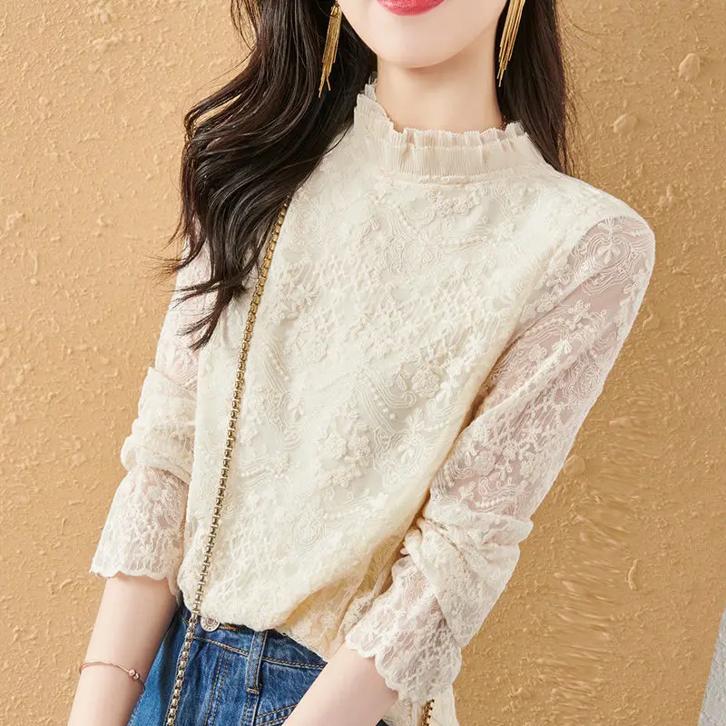 

High-end Fashion Lace Thin Blouse Women Classic Long Sleeve Half High Collar Inner Layering Gauze Mesh Lady Pullover Shirt